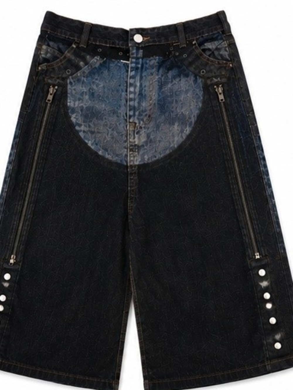 Dark Wash Denim Long Shorts with Zip Detail